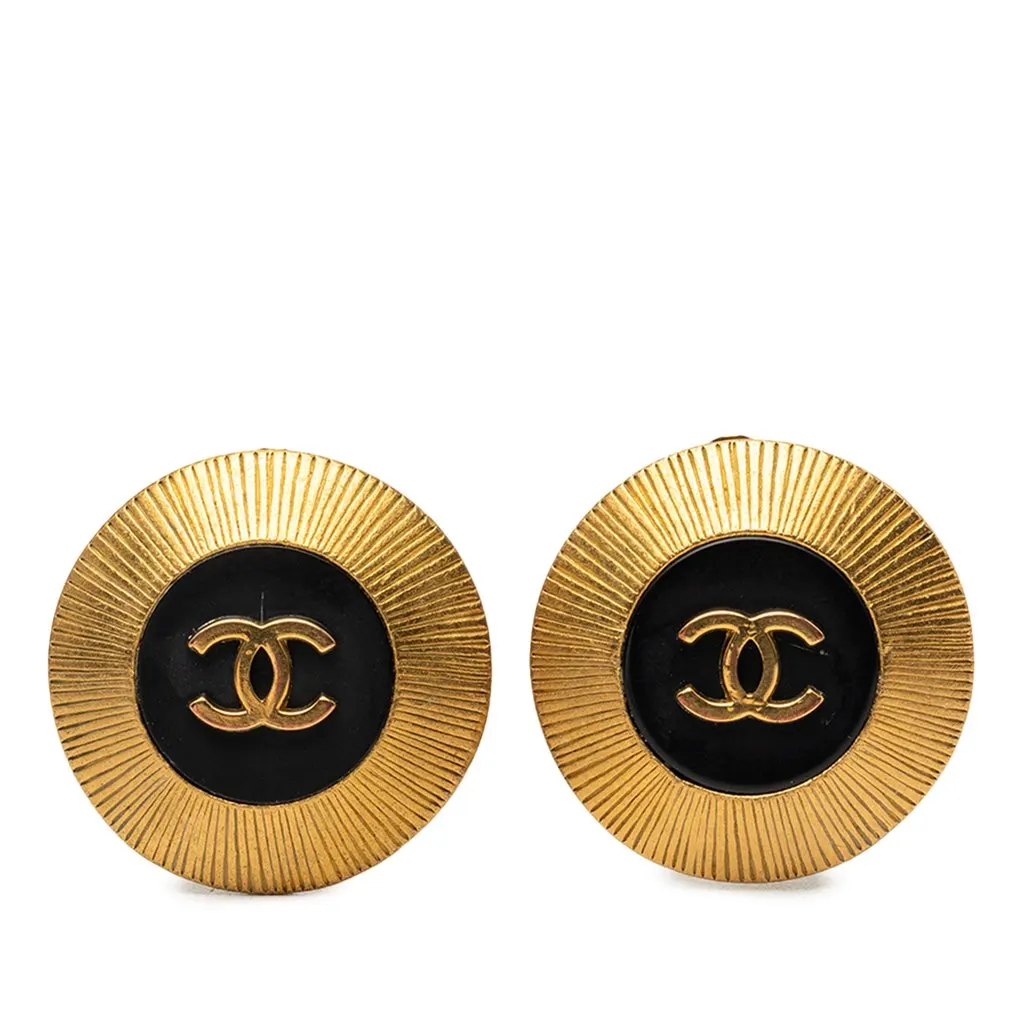 Chanel CC Gold Plated Enamel Button Clip On Earrings Gold Metal Very good - Front View