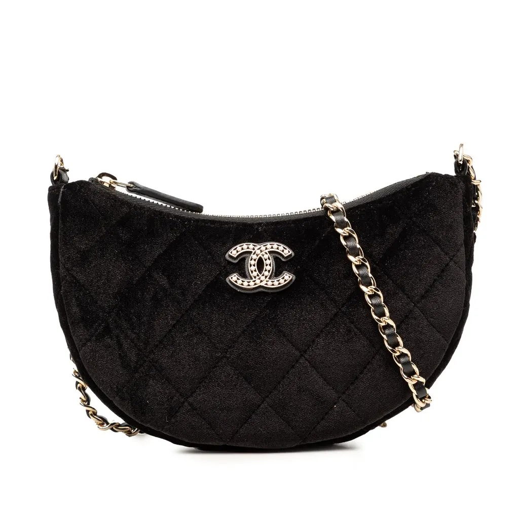 Chanel CC Quilted Velour Half Moon Chain Crossbody Black Very good - Front View