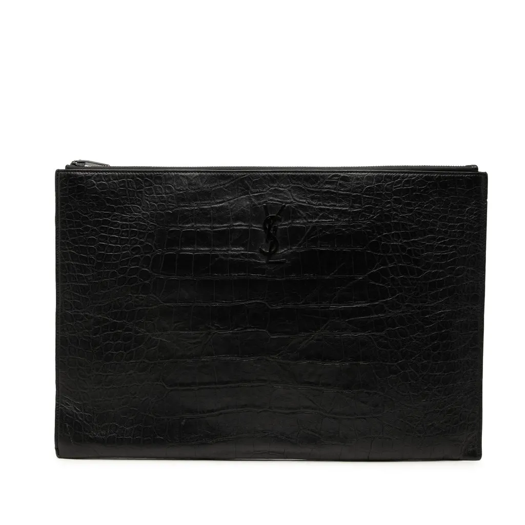 Saint Laurent Croc Embossed Leather Document Holder Black Leather Very good - Front View