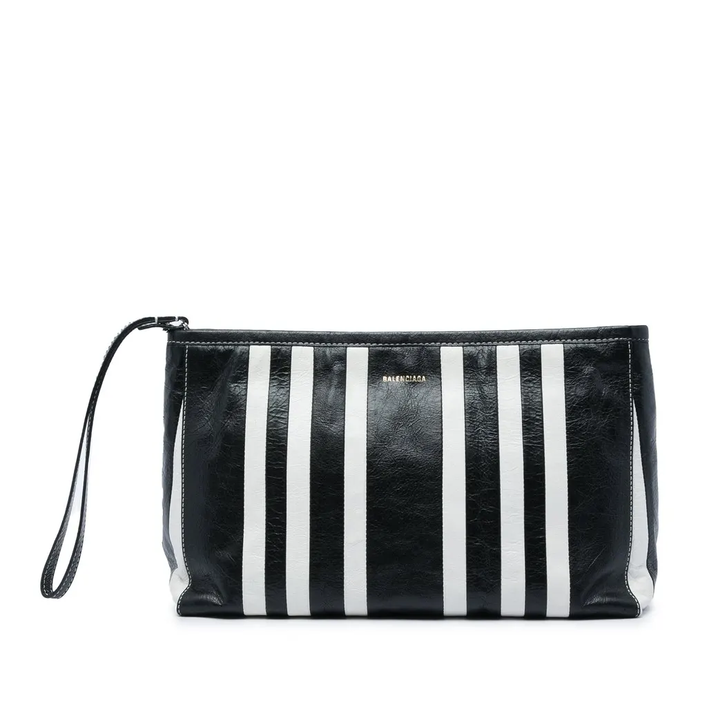 Balenciaga Large Lambskin Striped Barbes Z Pouch Black Leather Very good - Front View