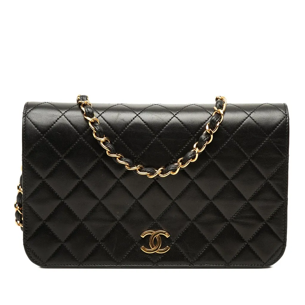 Chanel Small CC Quilted Lambskin Full Single Flap Black Leather Good - Front View