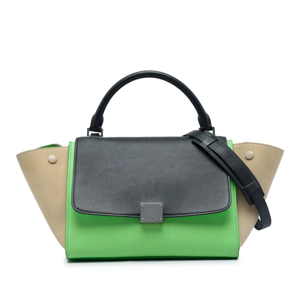 Celine Small Tricolor Leather Trapeze Satchel Green Leather Very good - Front View