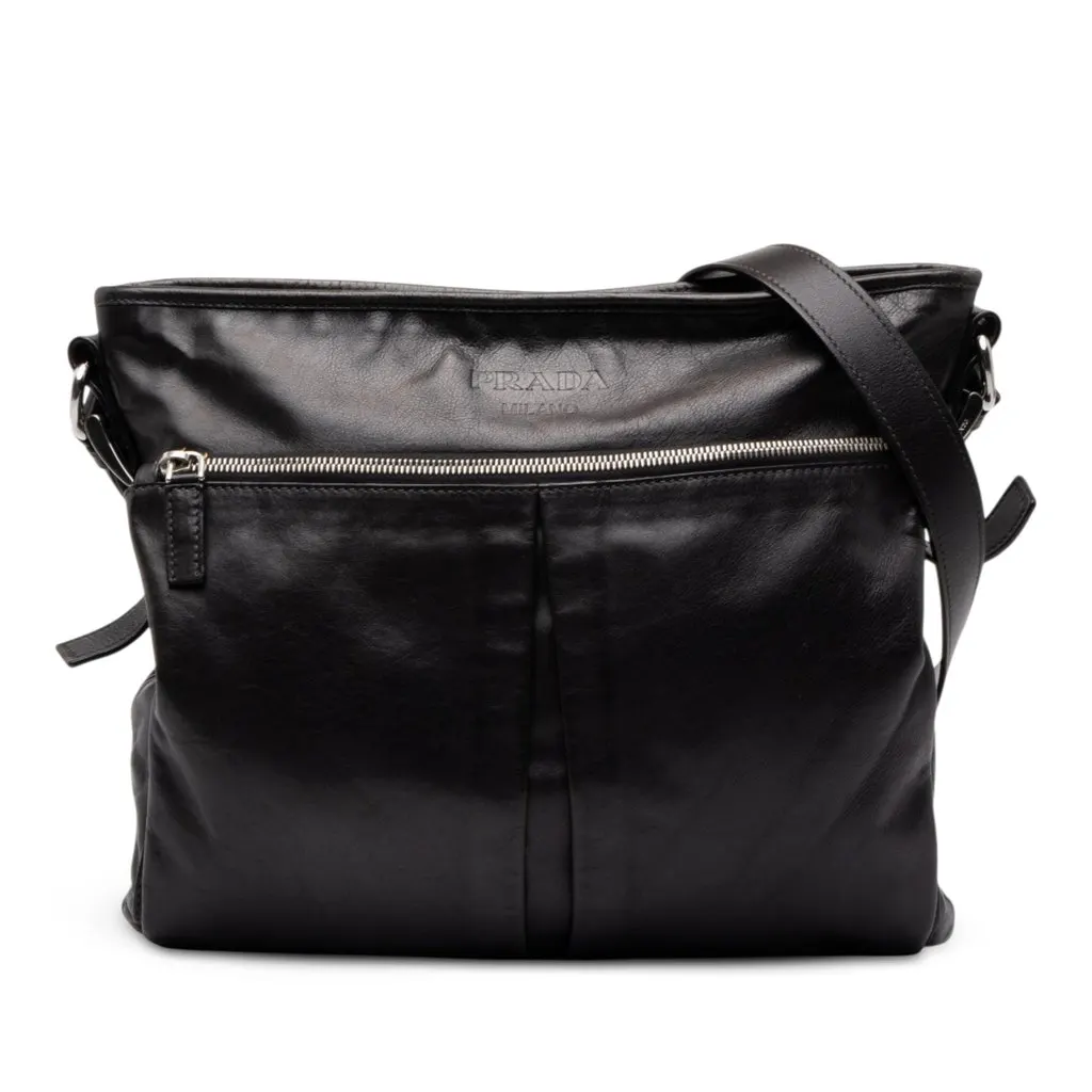 Prada Large Soft Calf Front Pocket Messenger Bag Black Leather Very good - Front View