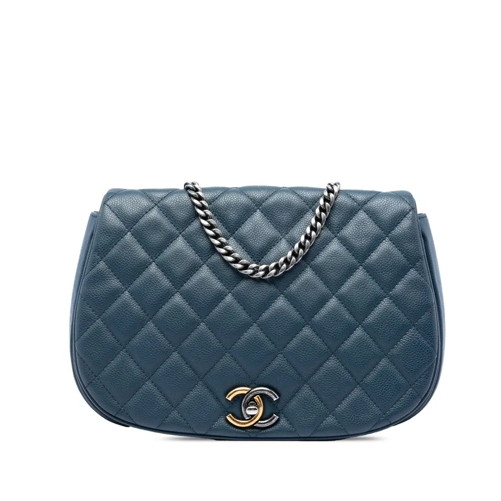 Chanel Medium Quilted Caviar Casual Pocket Flap Blue Leather Very good - Front View