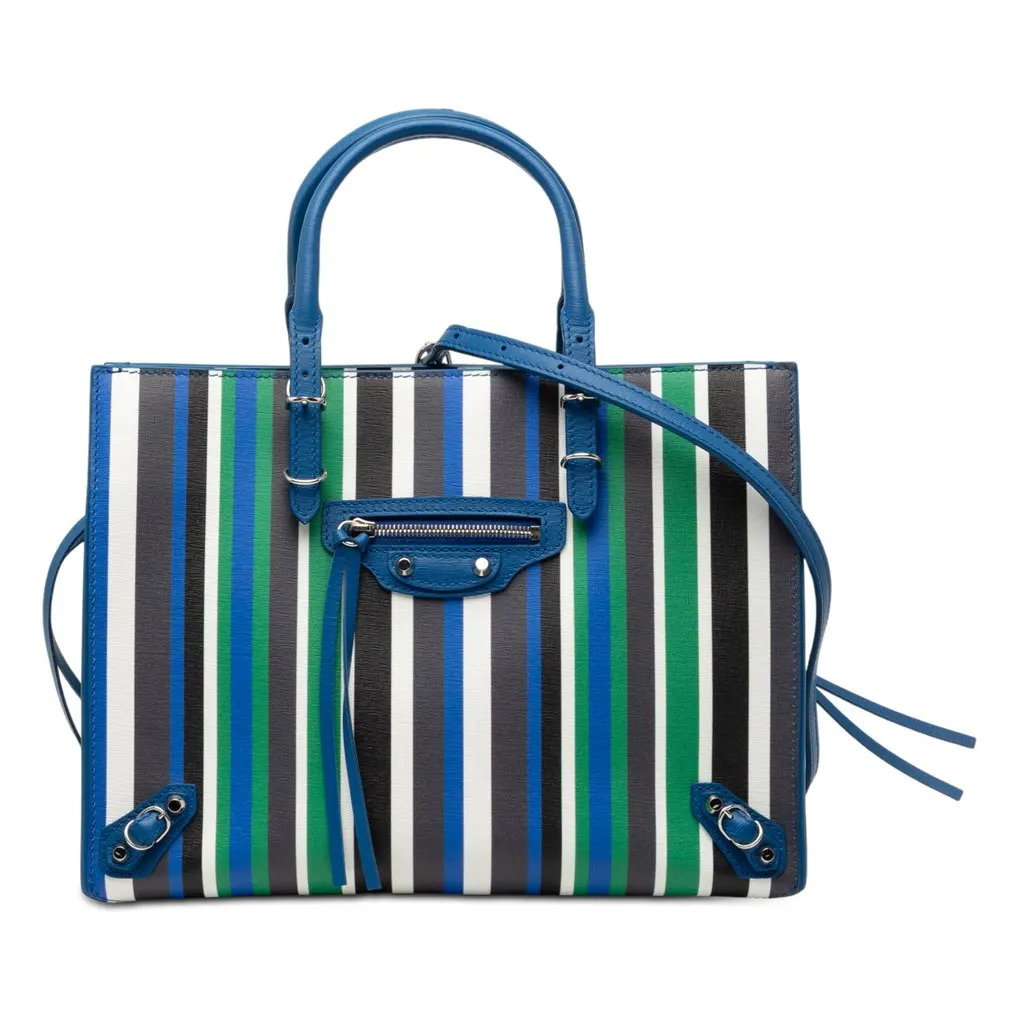 Balenciaga Mini Leather Striped Papier A6 Zip Around Satchel Blue Leather Very good - Front View