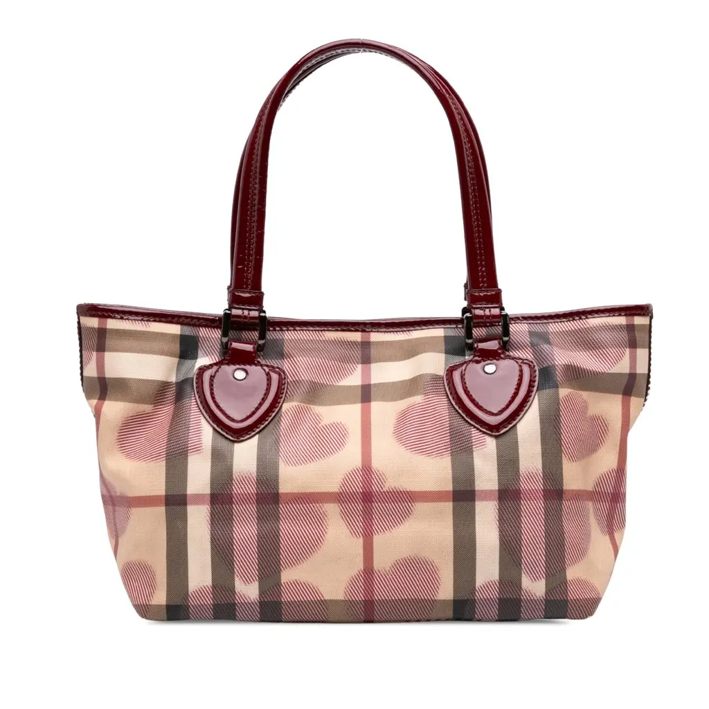 Burberry House Check Coated Canvas Hearts Gracie Tote Beige Canvas Good - Front View