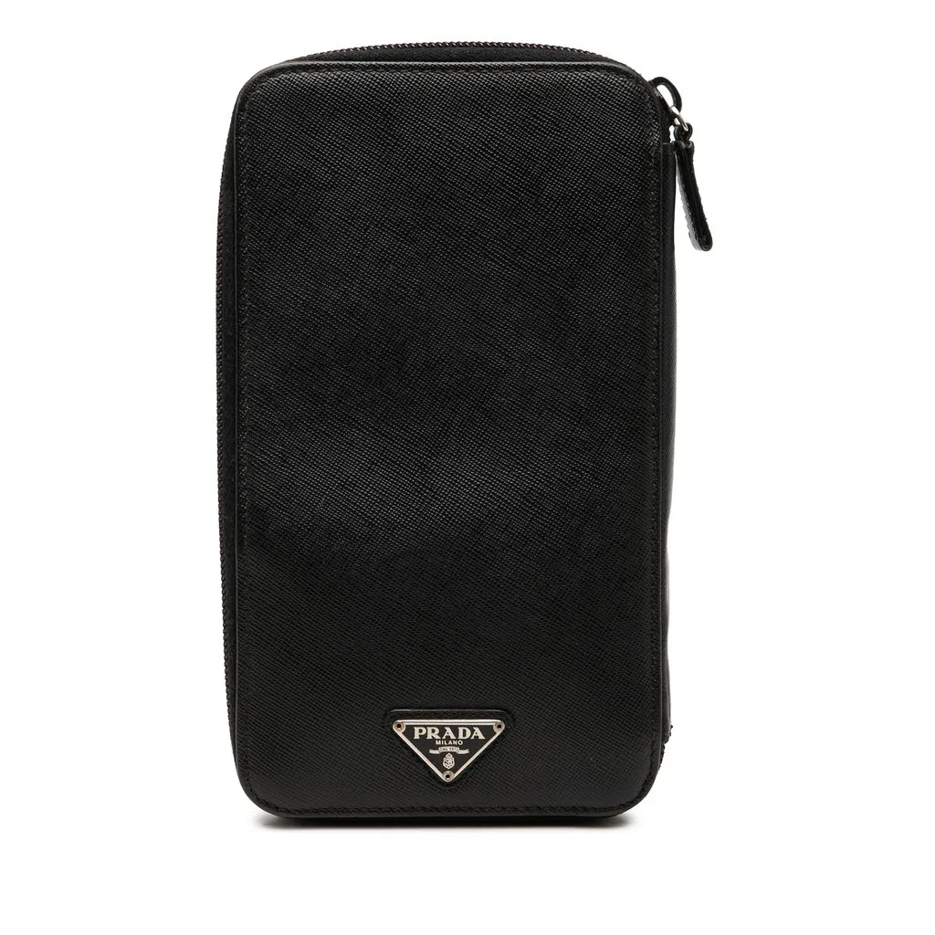 Prada Saffiano Zip Around Wallet Black Leather Very good - Front View