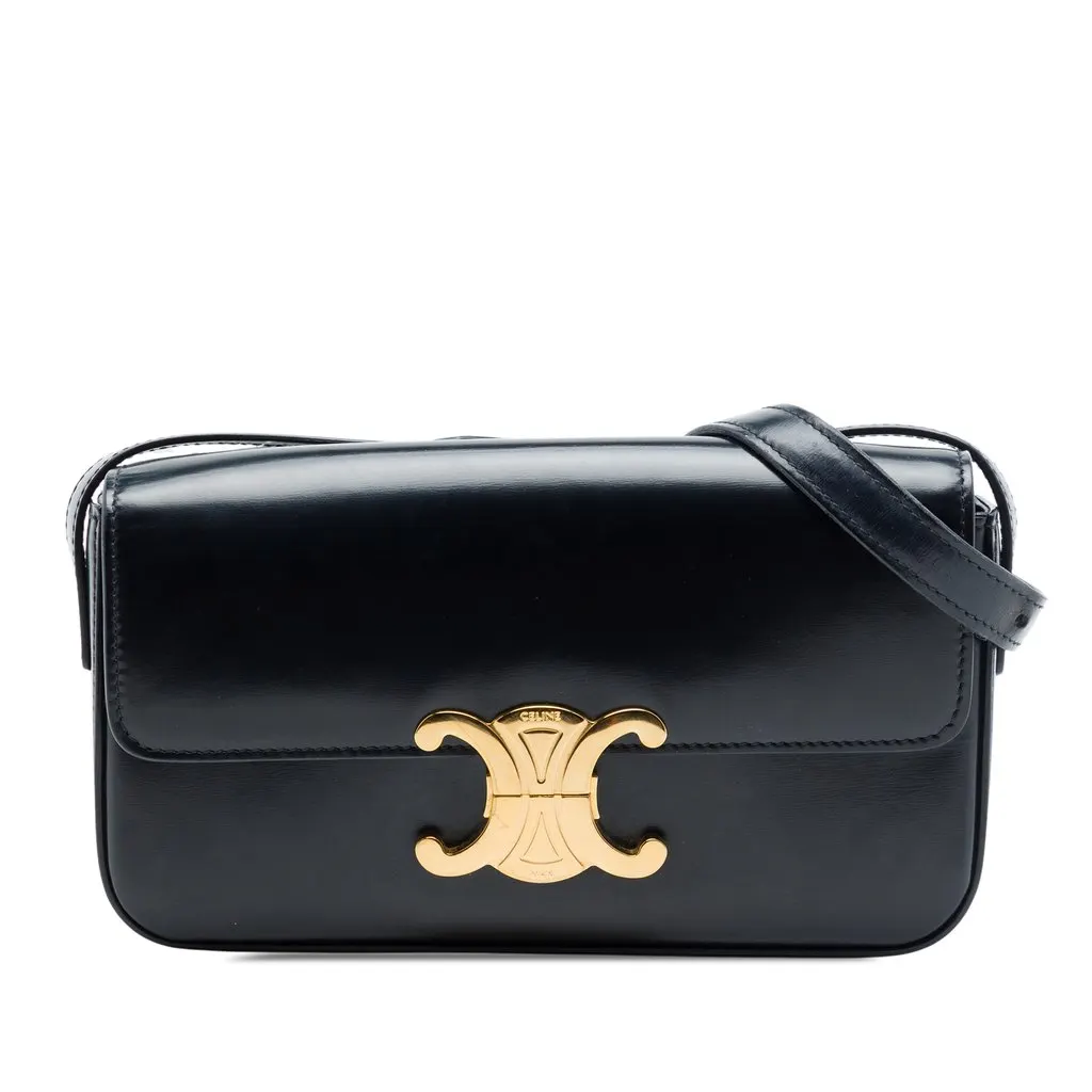 Celine Shiny Calfskin Triomphe Claude Shoulder Bag Black Leather Good - Front View