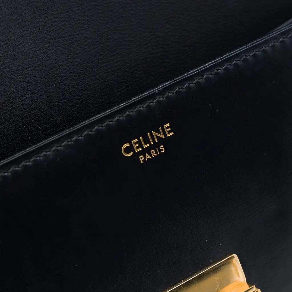 Celine Shiny Calfskin Triomphe Claude Shoulder Bag Black Leather Good - Box View