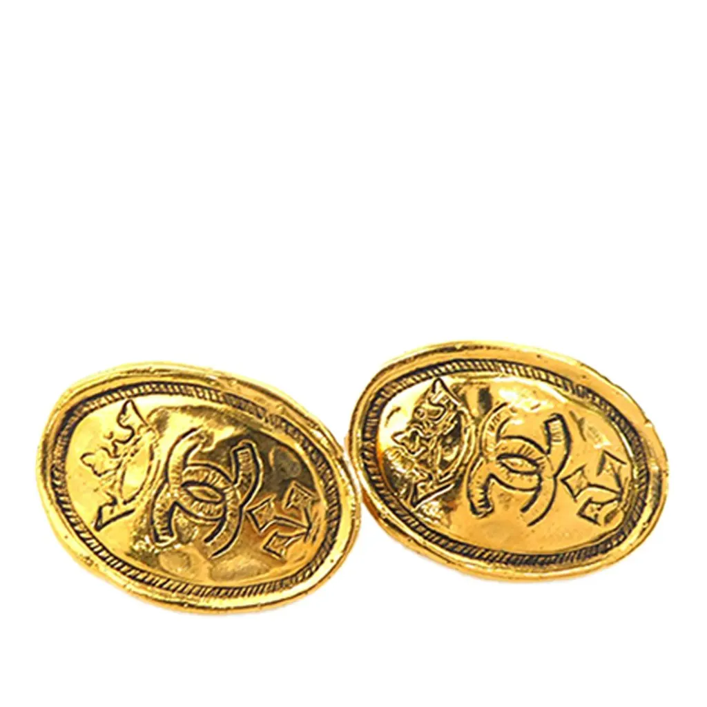 Chanel CC Gold Plated Crown Oval Clip On Earrings Gold Metal Very good - Back View