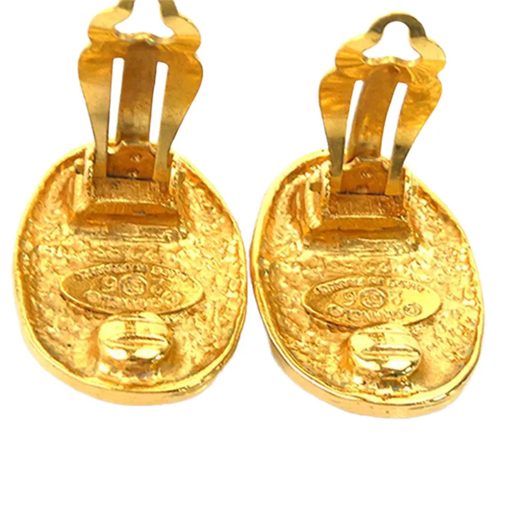 Chanel CC Gold Plated Crown Oval Clip On Earrings Gold Metal Very good - Model View
