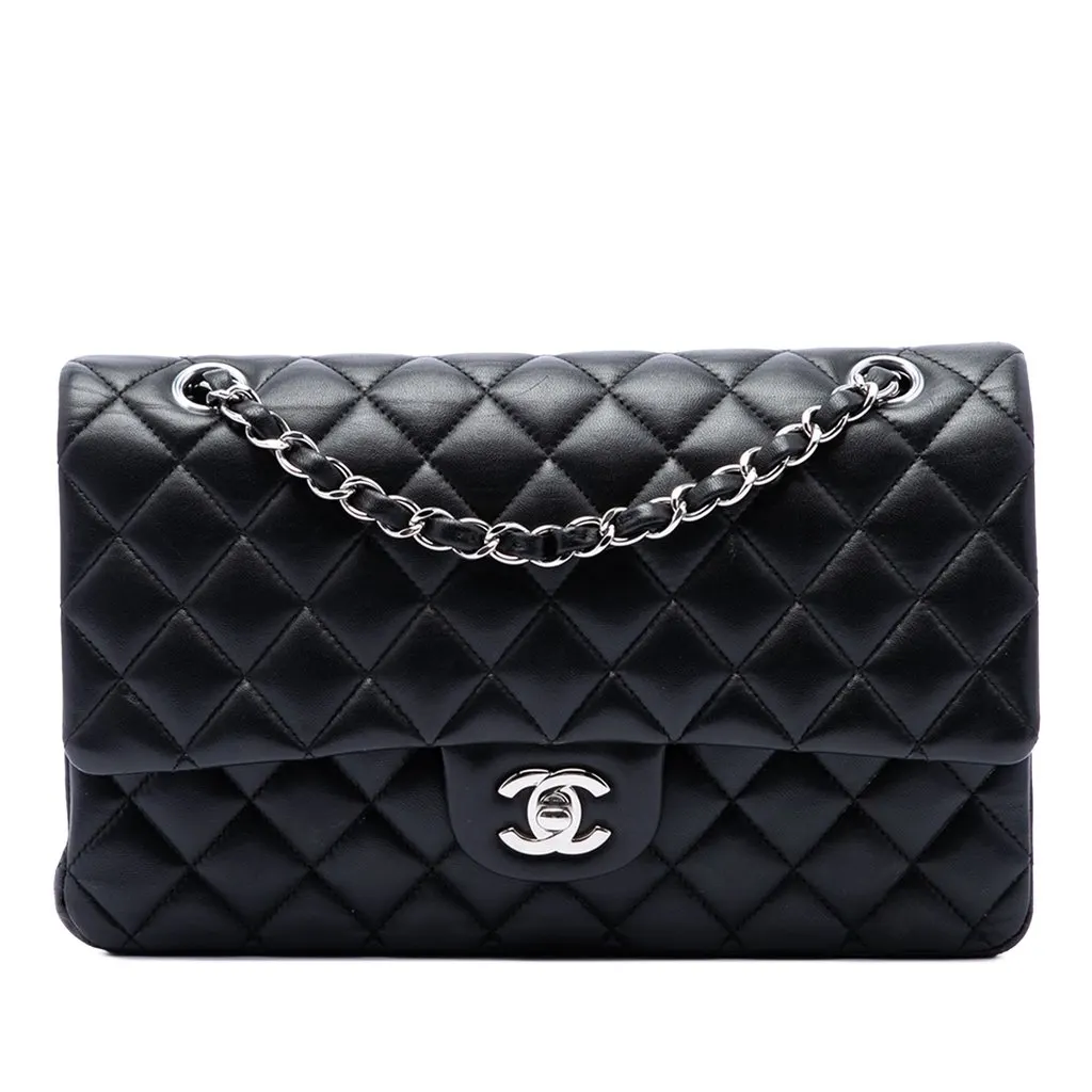 Chanel Medium Classic Lambskin Double Flap Black Leather Very good - Front View