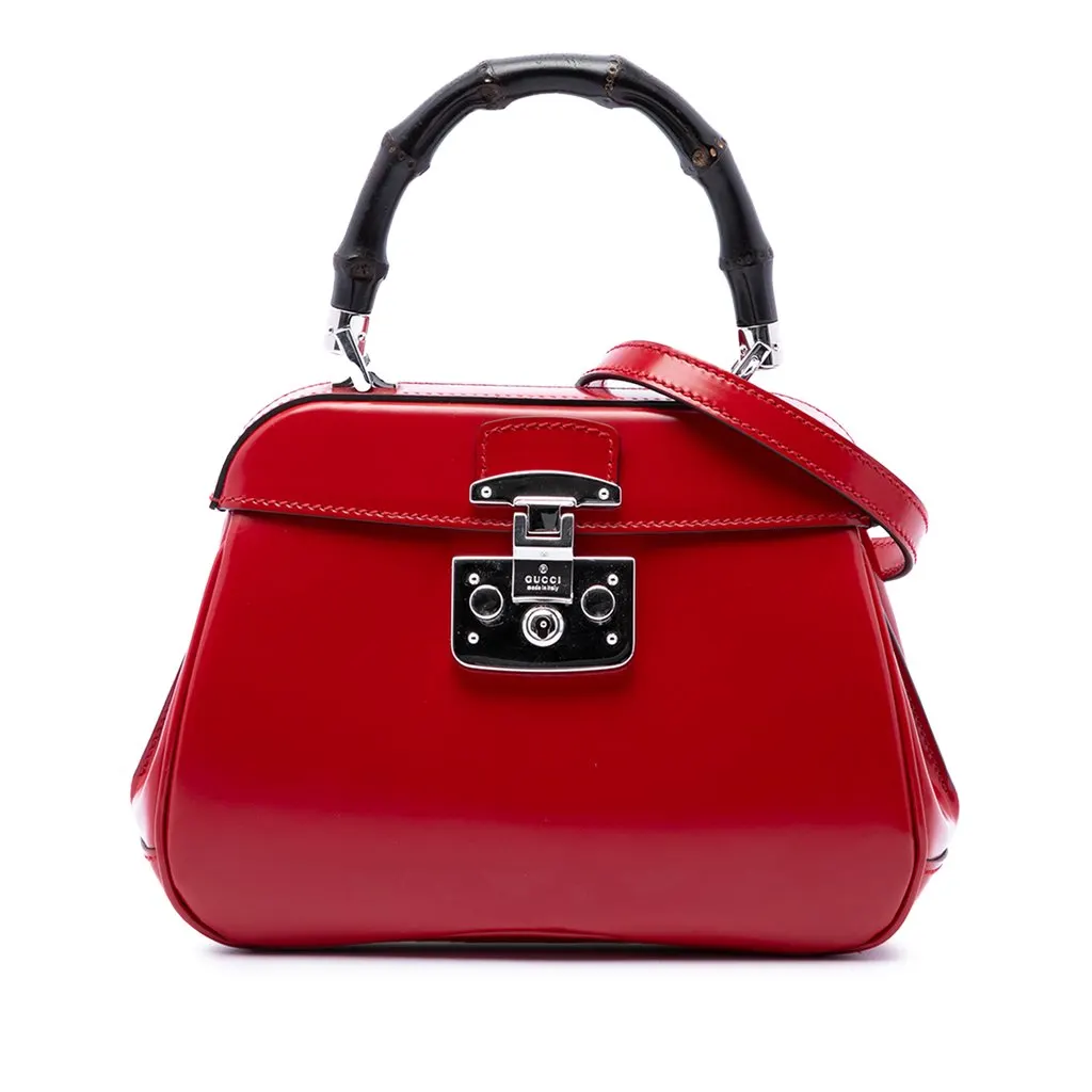 Gucci Mini Polished Calfskin Bamboo Lady Lock Top Handle Bag Red Leather Very good - Front View