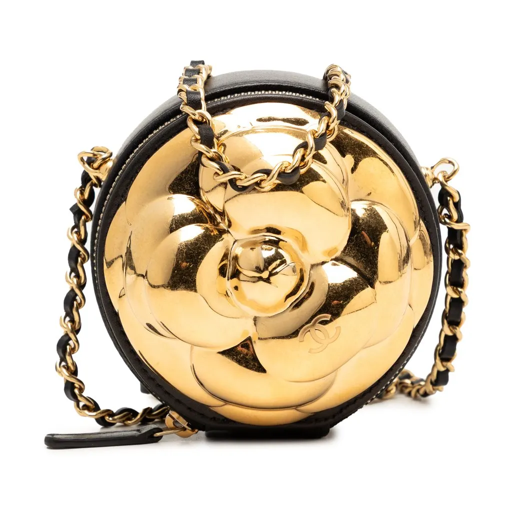 Chanel CC Lambskin and Metal Camellia Round Clutch with Chain Black Leather Very good - Front View