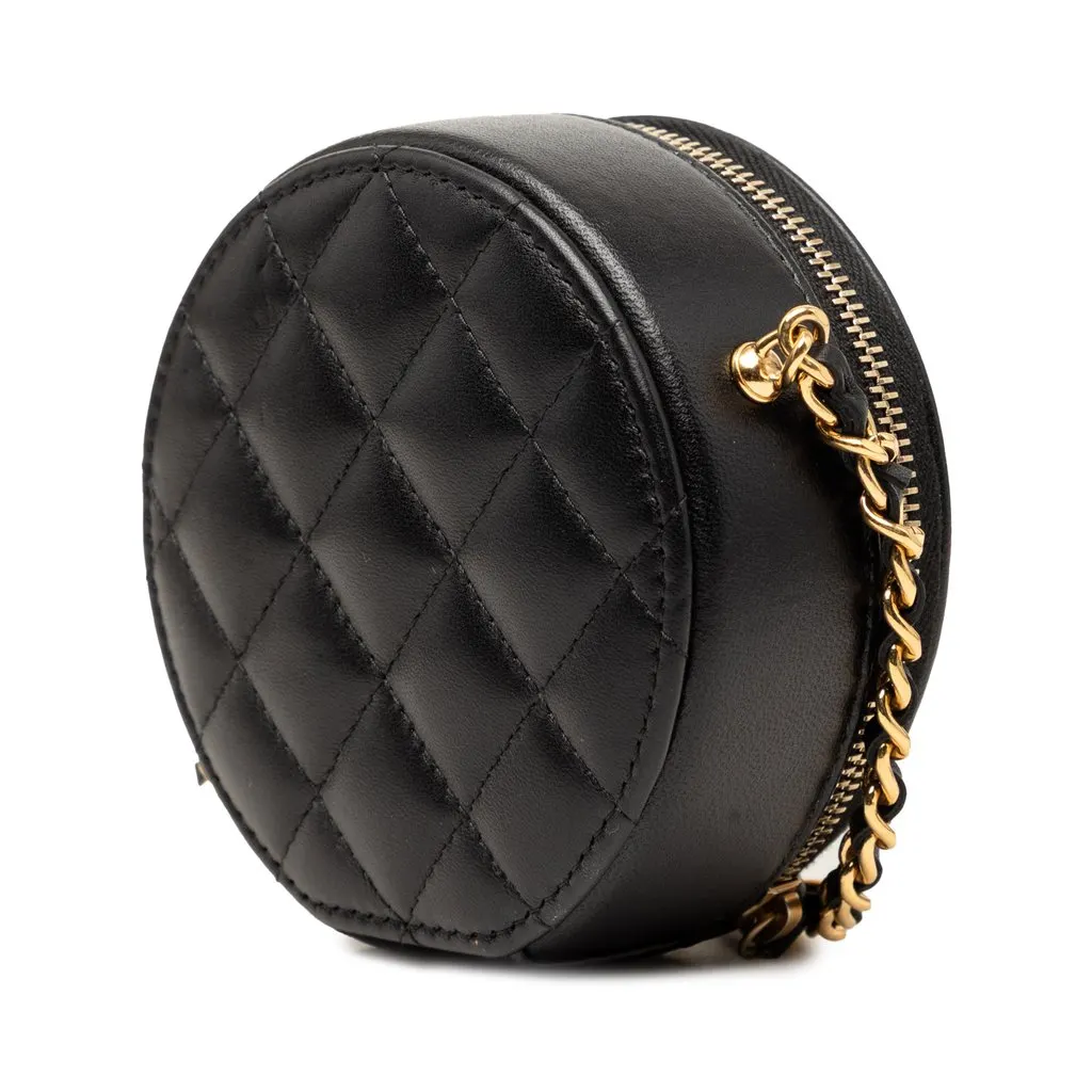 Chanel CC Lambskin and Metal Camellia Round Clutch with Chain Black Leather Very good - Back View