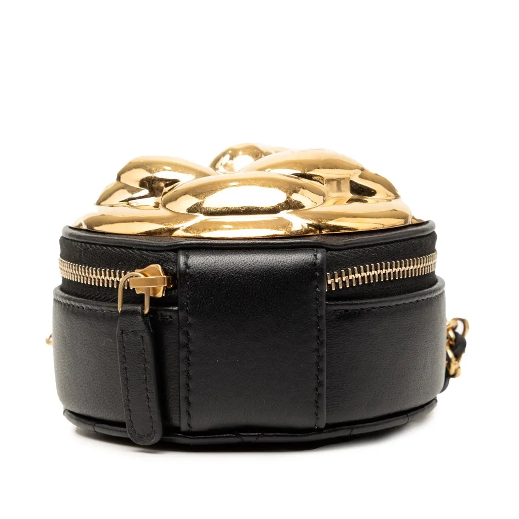 Chanel CC Lambskin and Metal Camellia Round Clutch with Chain Black Leather Very good - Inside View