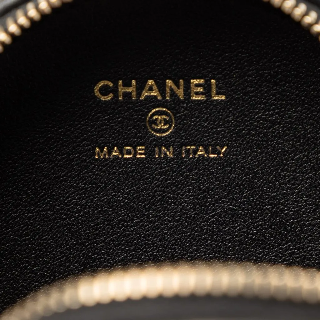 Chanel CC Lambskin and Metal Camellia Round Clutch with Chain Black Leather Very good - Box View