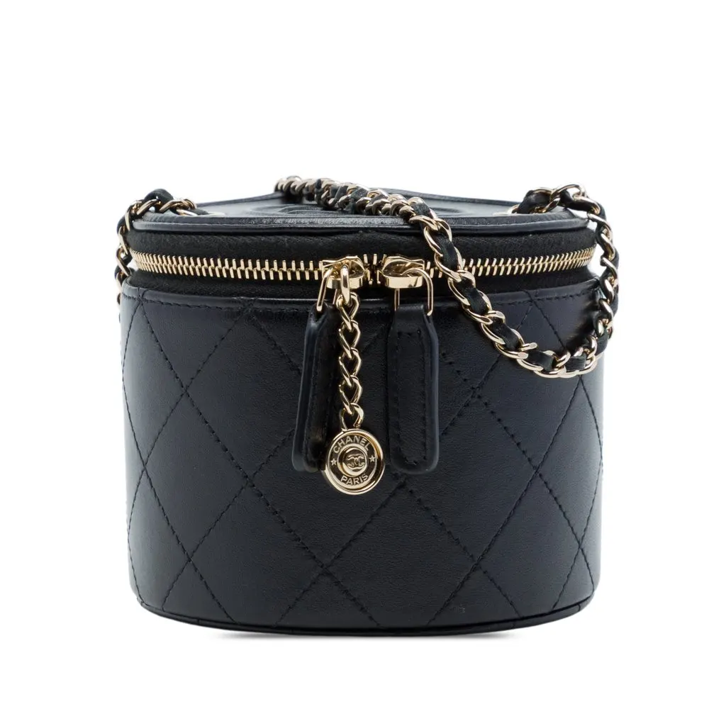 Chanel Mini CC Quilted Lambskin Round Chain Vanity Bag Black Leather Very good - Front View