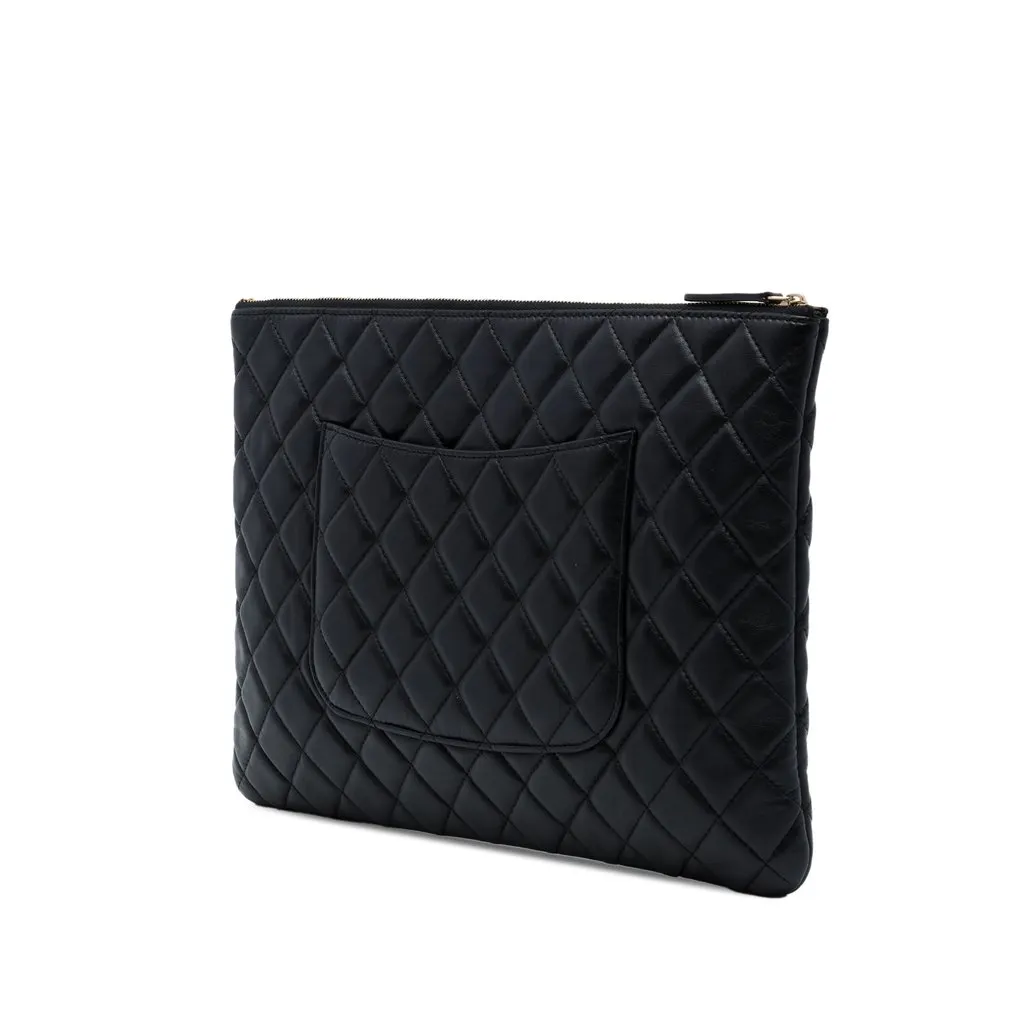 Chanel Large Quilted Lambskin O Case Clutch Black Leather Very good - Back View