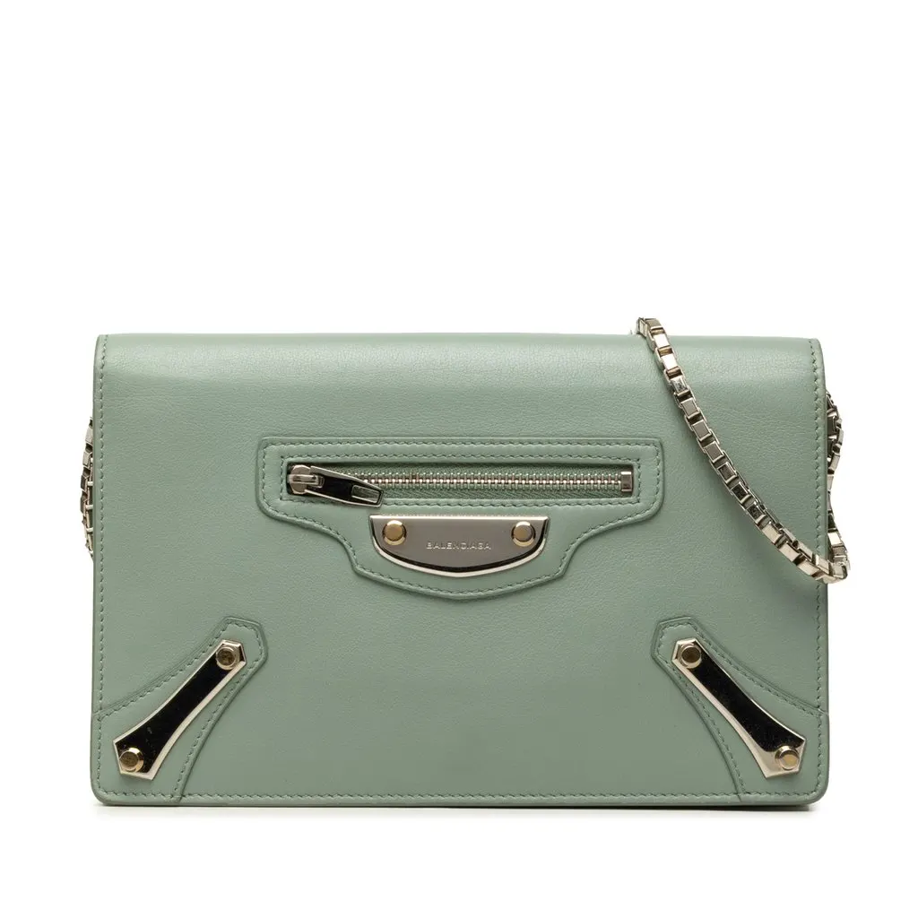 Balenciaga Calfskin Metal Plate City Wallet on Chain Green Leather Good - Front View