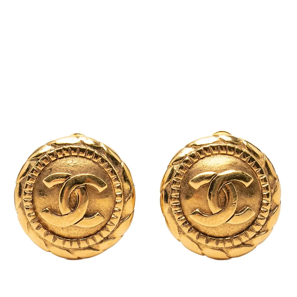 Chanel CC Gold Plated Button Clip On Earrings Gold Brass Very good - Front View