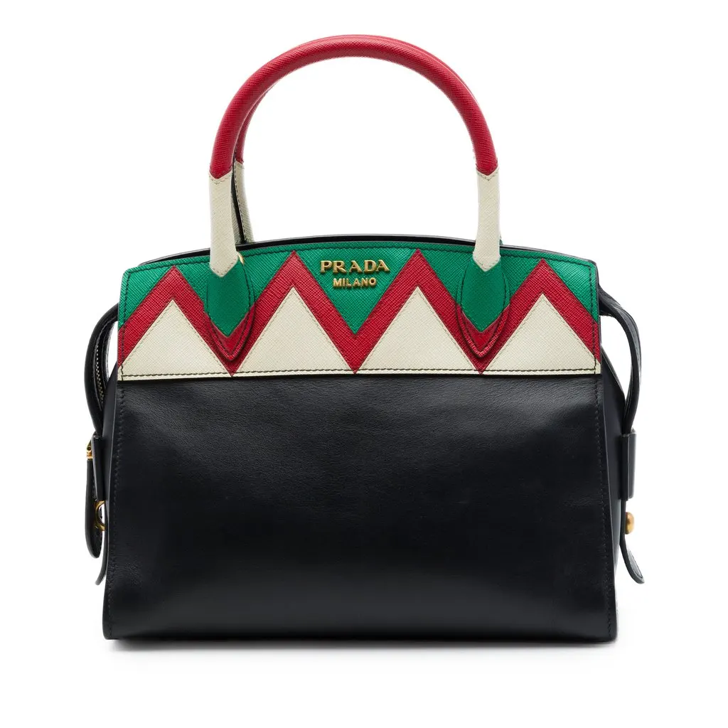 Prada Small Saffiano Trimmed City Calf Greca Esplanade Satchel Black Leather Good - Front View