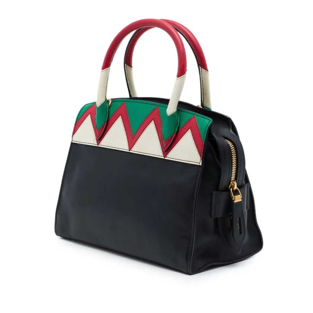 Prada Small Saffiano Trimmed City Calf Greca Esplanade Satchel Black Leather Good - Back View