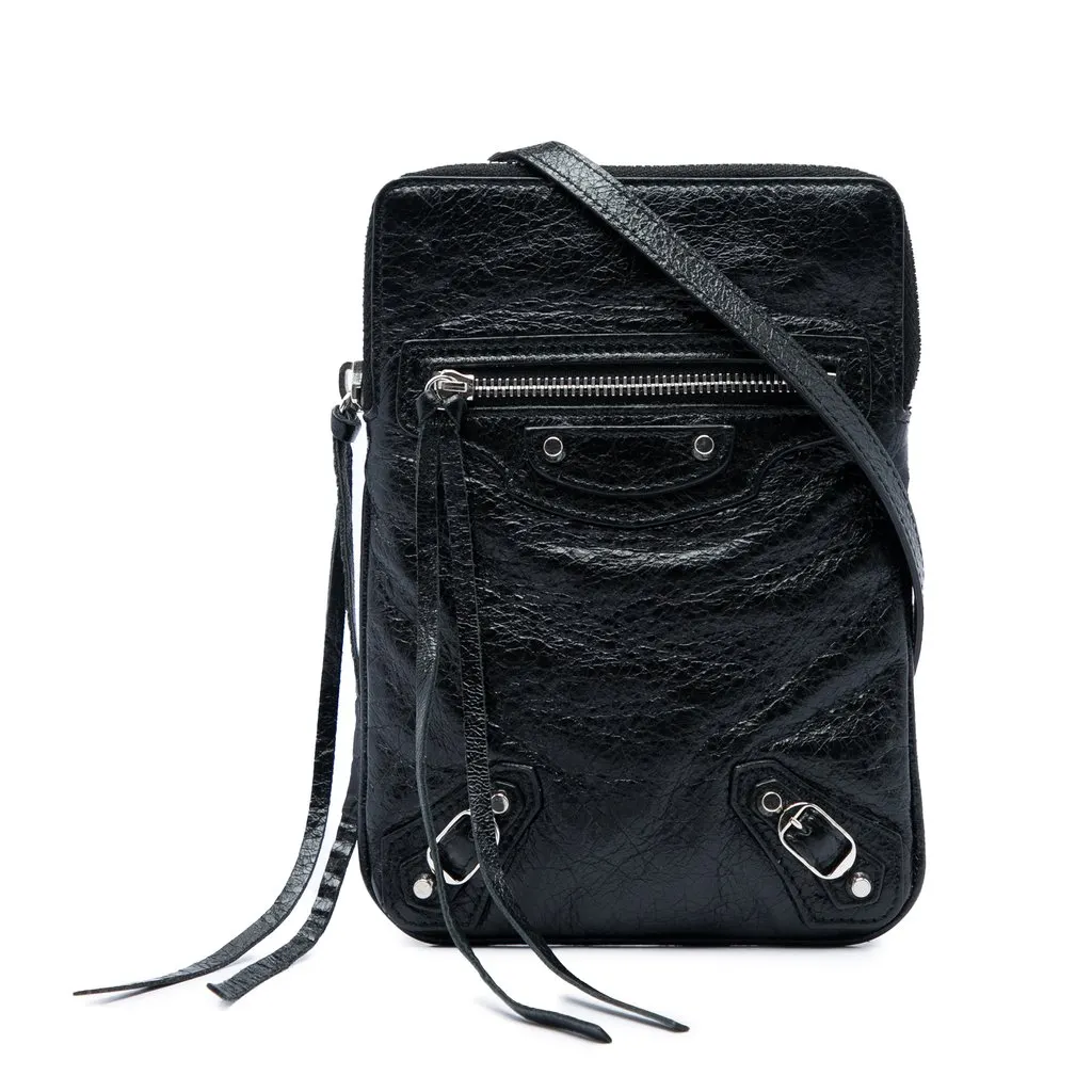 Balenciaga Lambskin Motocross Classic Phone Holder Bag Black Leather Good - Front View