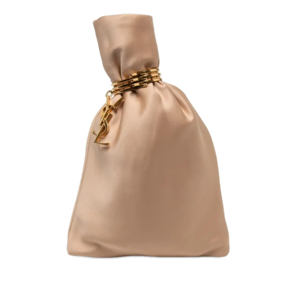 Saint Laurent Satin Monogram Evening Pouch Brown Satin Good - Front View