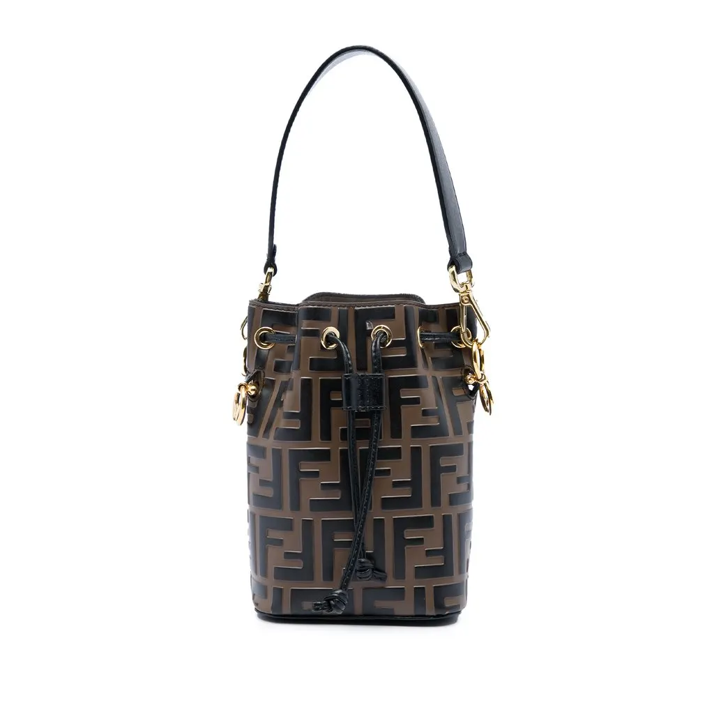 Fendi Mini FF 1974 Embossed Leather Mon Tresor Bucket Bag Brown Leather Very good - Front View