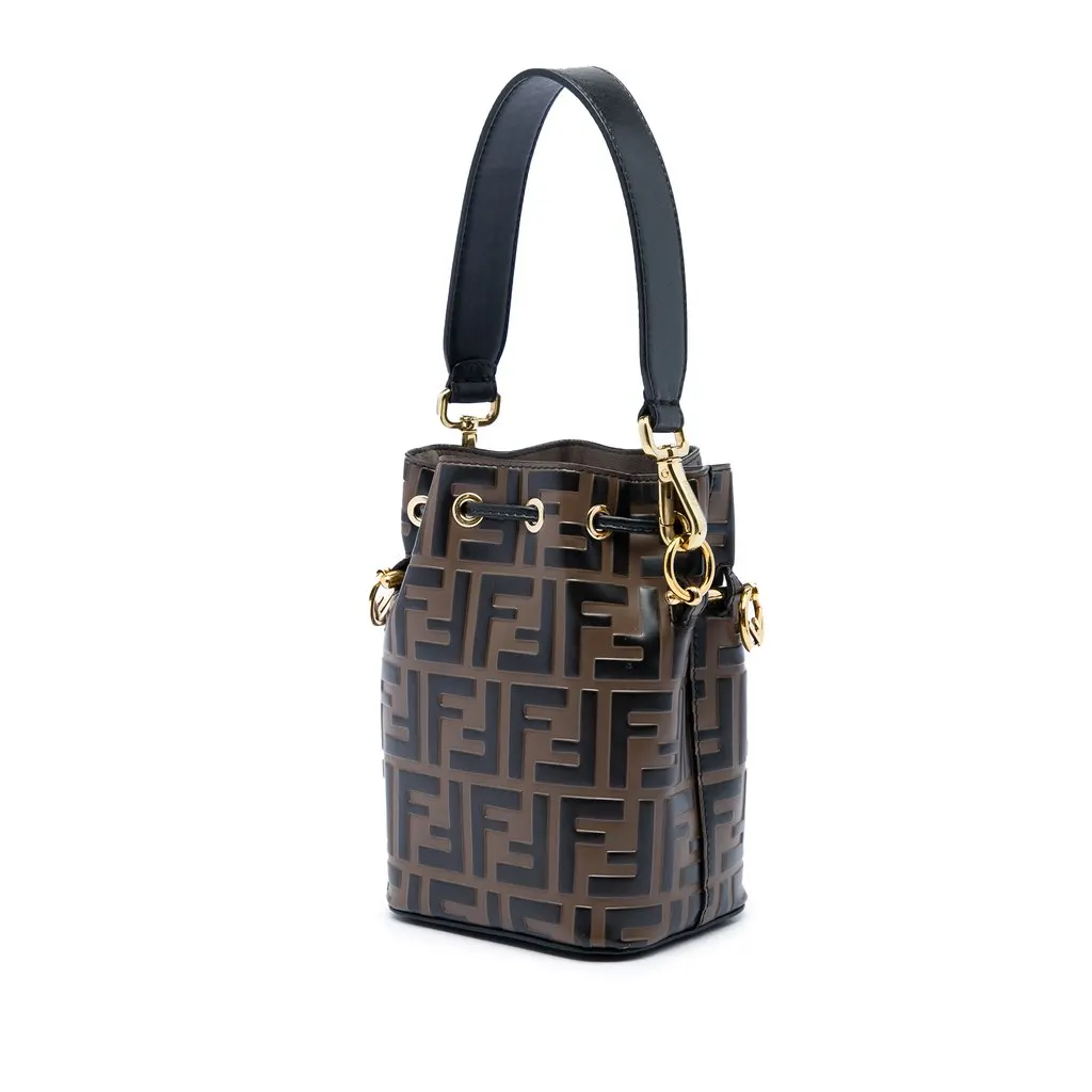 Fendi Mini FF 1974 Embossed Leather Mon Tresor Bucket Bag Brown Leather Very good - Back View