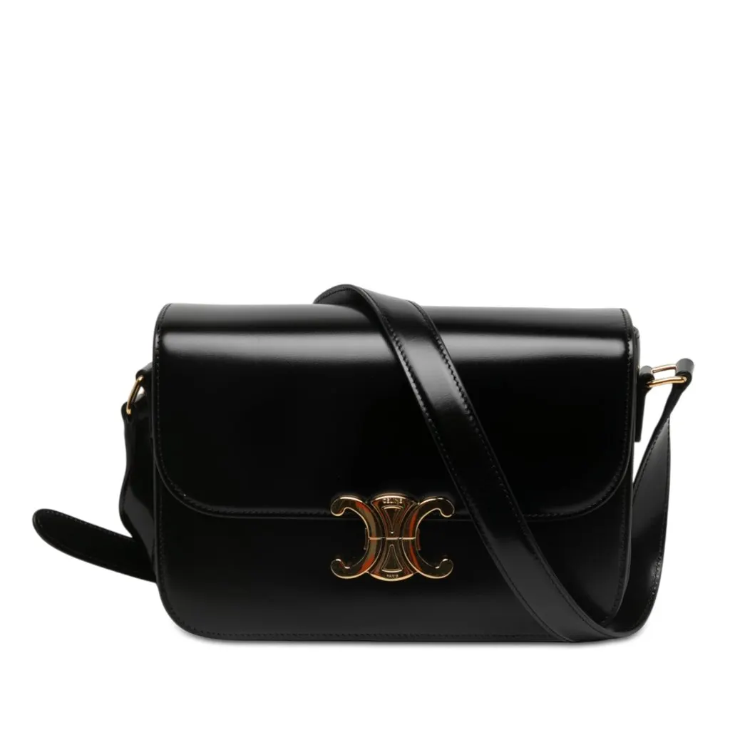 Celine Classique Shiny Calfskin Triomphe Crossbody Black Leather Very good - Front View