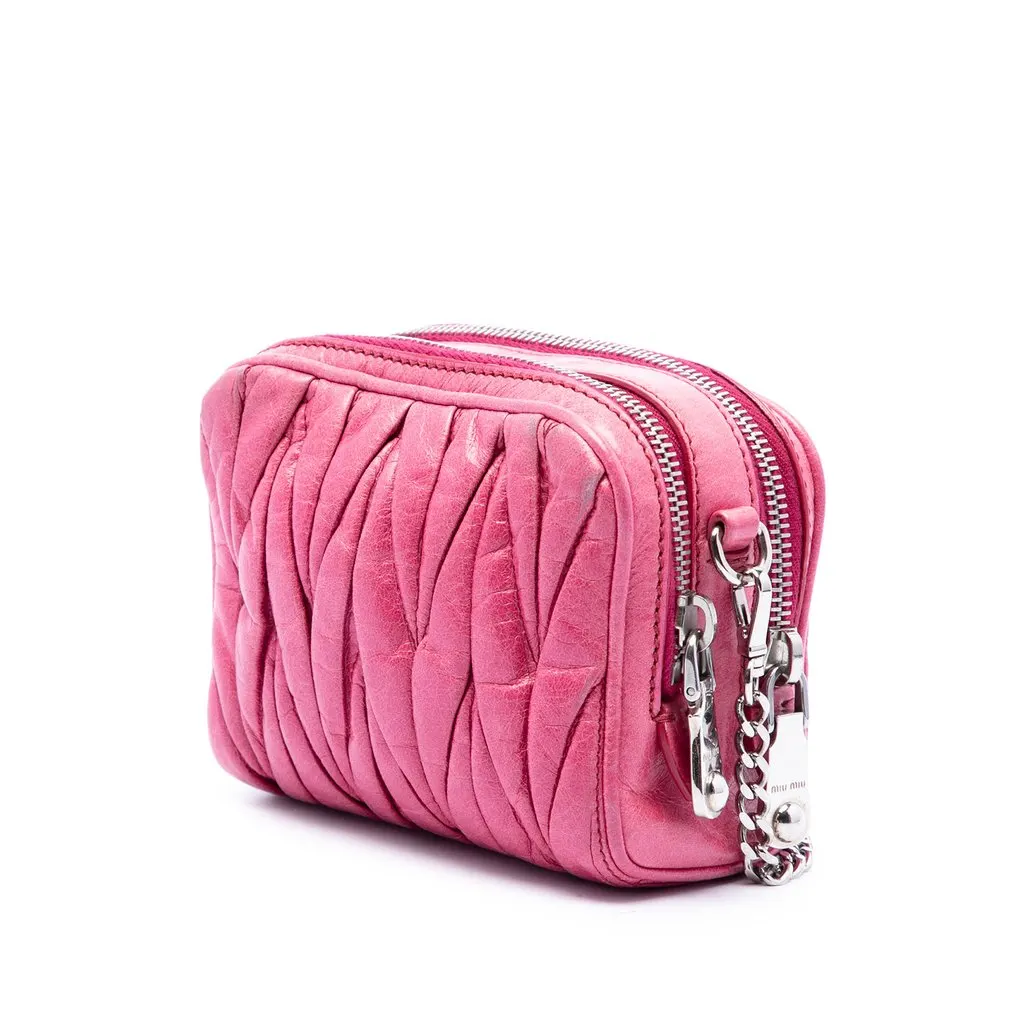 Miu Miu Matelasse Nappa Double Zip Crossbody Pink Leather Very good - Back View