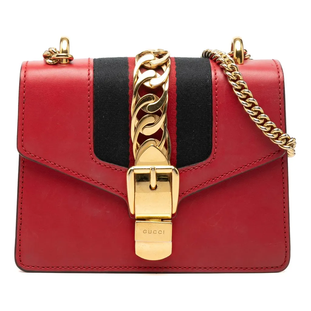 Gucci Mini Calfskin Web Sylvie Chain Satchel Red Leather Good - Front View