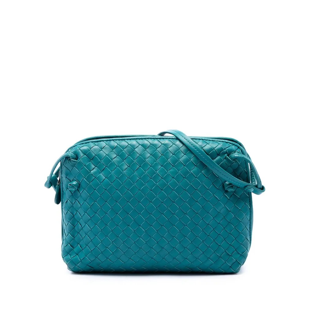 Bottega Veneta Mini Nappa Intrecciato Nodini Double Zip Crossbody Blue Leather Good - Front View