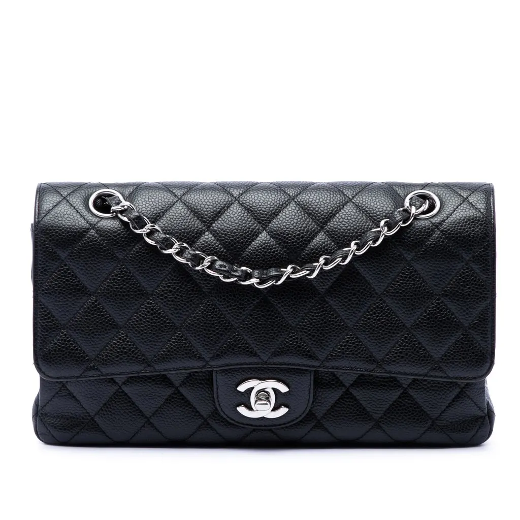 Chanel Medium Classic Caviar Double Flap Black Leather Very good - Front View