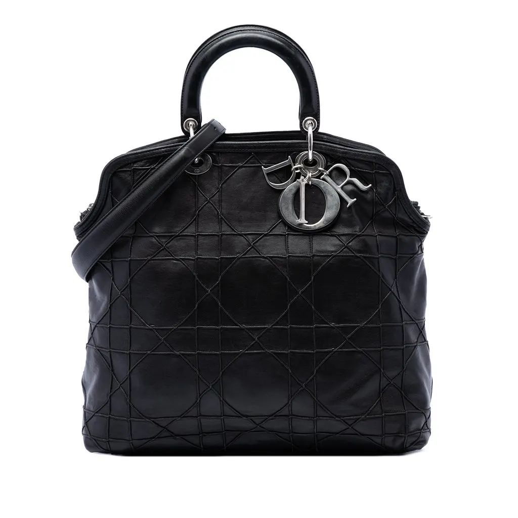 Dior Large Lambskin Cannage Polochon Granville Satchel Black Leather Very good - Front View