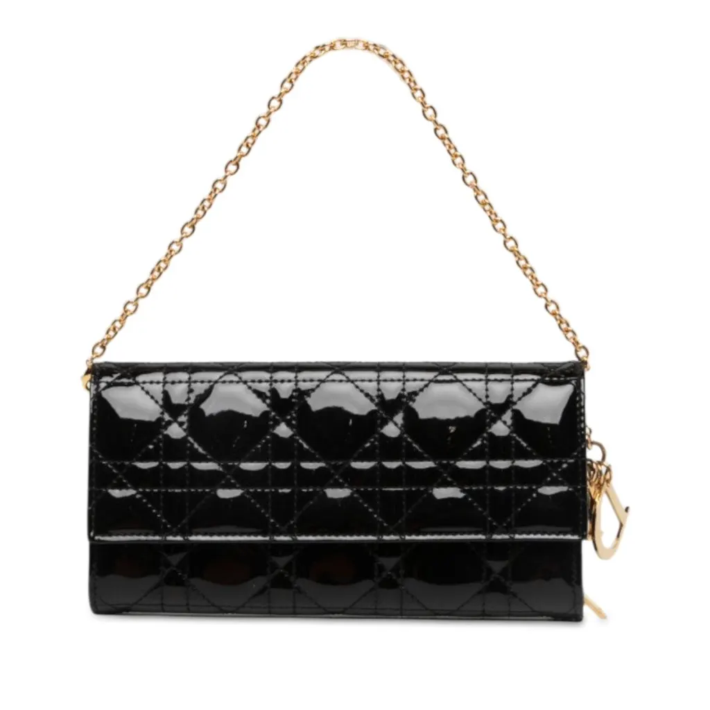 Dior Patent Cannage Lady Dior Wallet On Chain Black Leather Very good - Front View