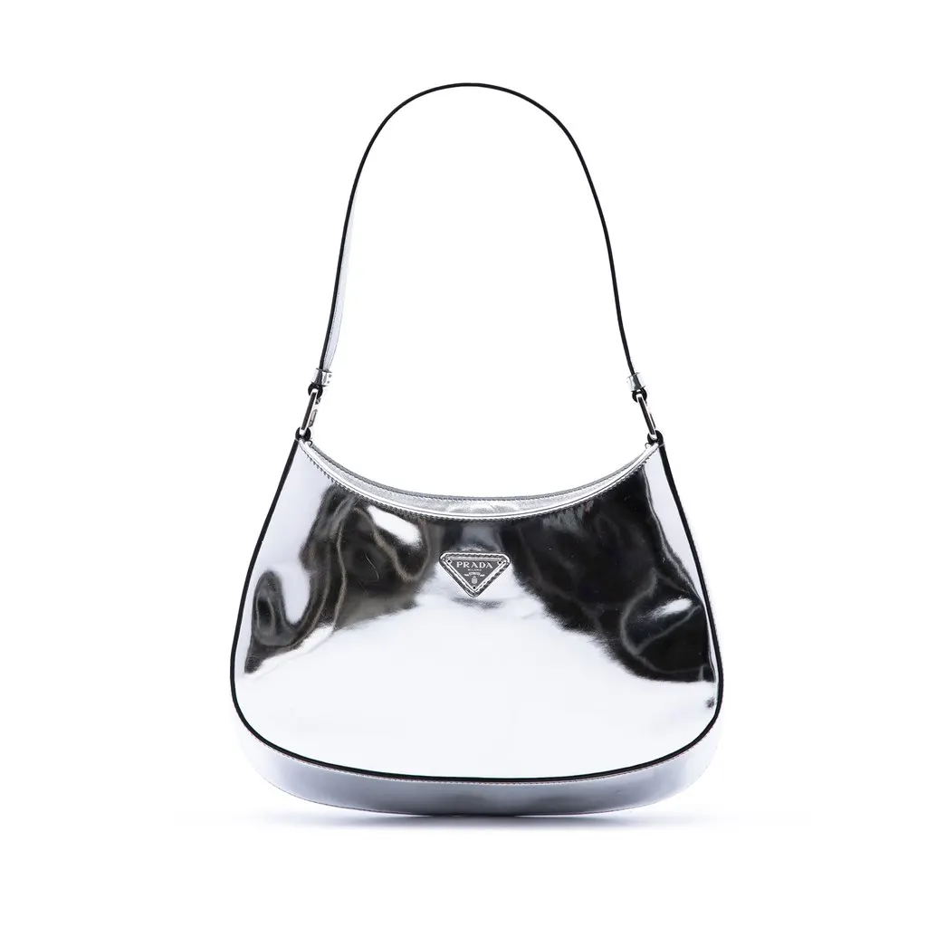 Prada Brushed Leather Cleo Shoulder Bag Silver Leather Good - Front View