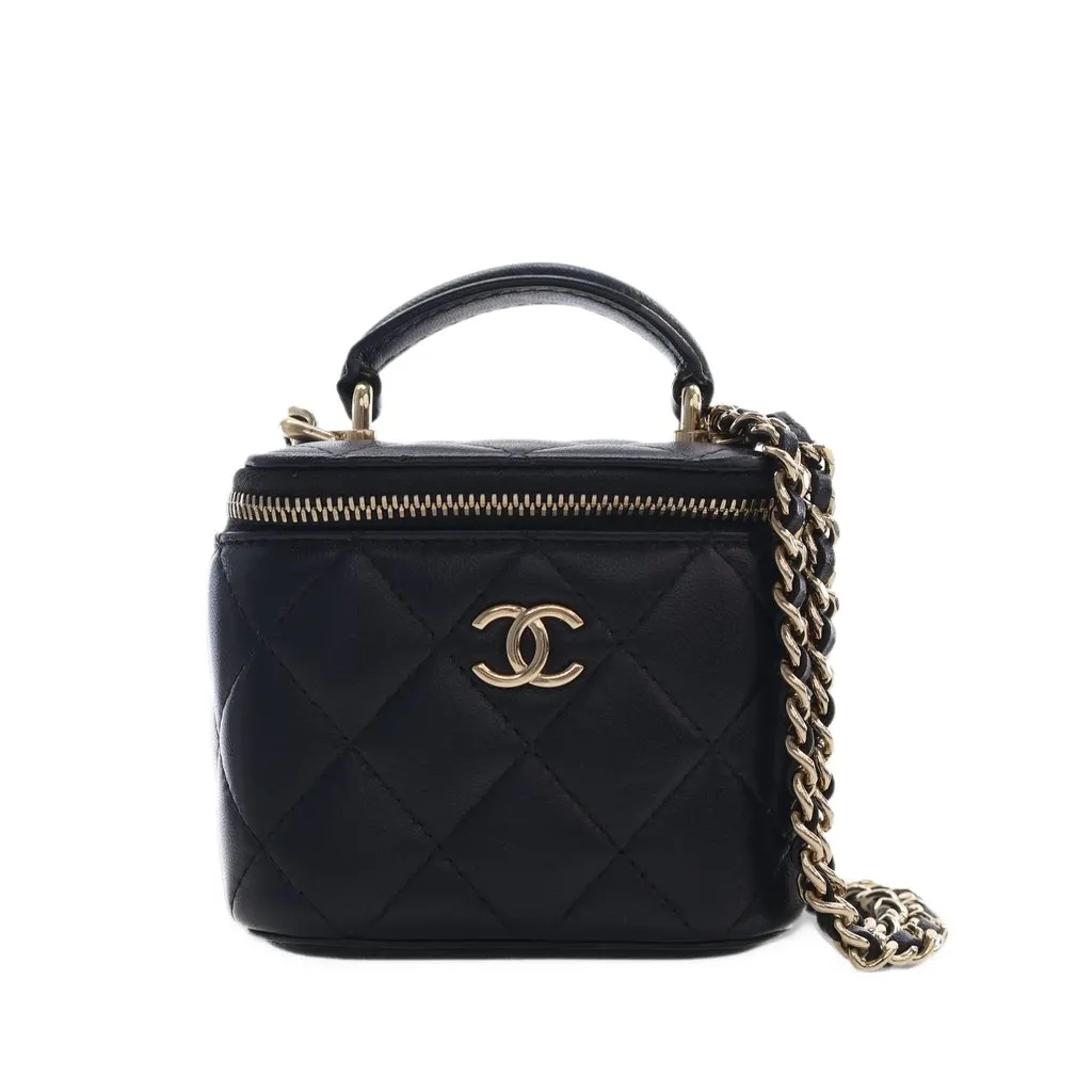 Chanel Mini CC Quilted Lambskin Top Handle Vanity Case With Chain Black Leather Very good - Front View