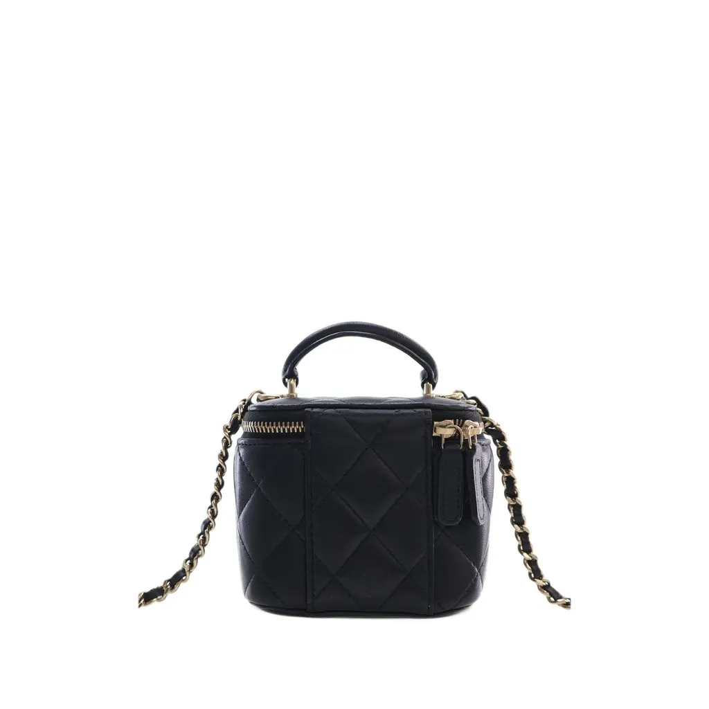 Chanel Mini CC Quilted Lambskin Top Handle Vanity Case With Chain Black Leather Very good - Back View