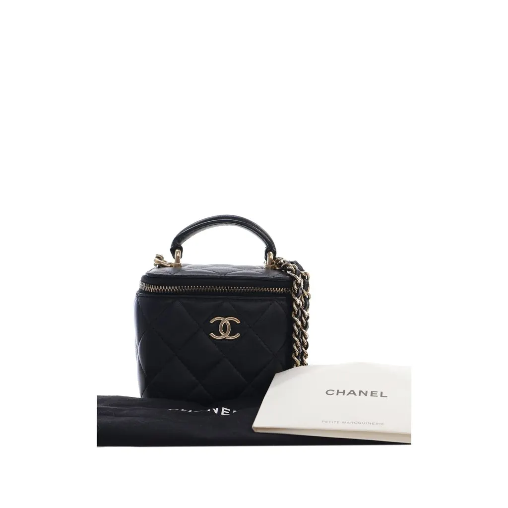 Chanel Mini CC Quilted Lambskin Top Handle Vanity Case With Chain Black Leather Very good - Box View