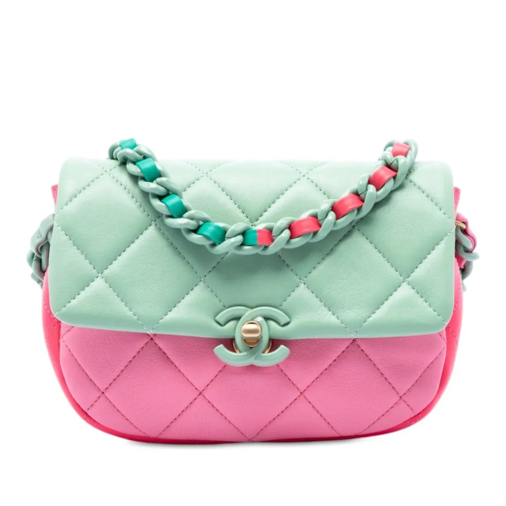 Chanel Mini Tricolor Lambskin Lacquered Chain Flap Green Leather Very good - Front View