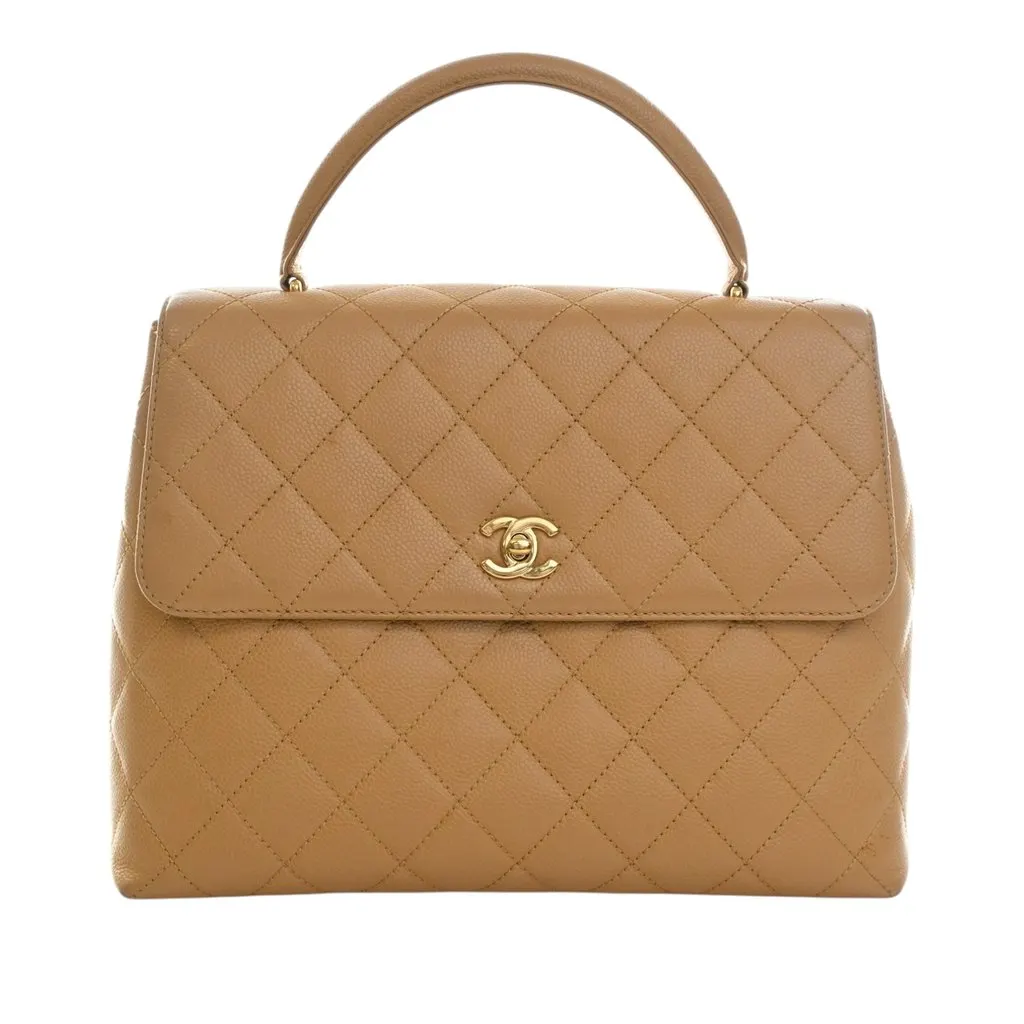 Chanel CC Quilted Caviar Kelly Top Handle Bag Beige Leather Very good - Front View
