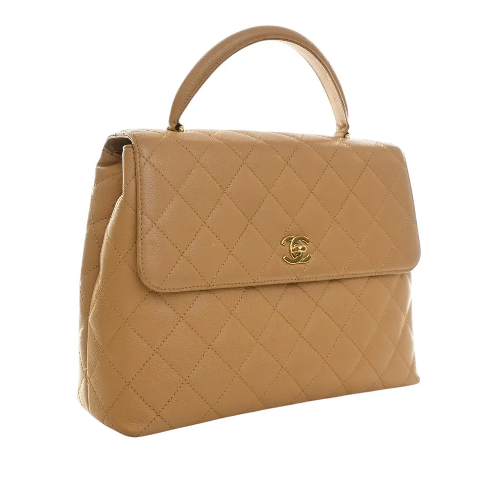 Chanel CC Quilted Caviar Kelly Top Handle Bag Beige Leather Very good - Back View