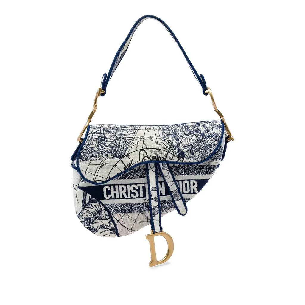 Dior Canvas Embroidered Around the World Saddle Bag Blue Canvas Good - Front View