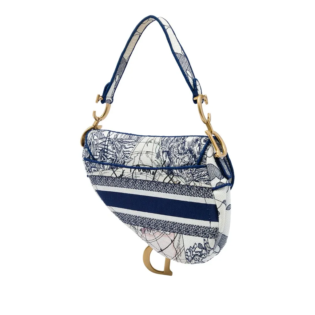 Dior Canvas Embroidered Around the World Saddle Bag Blue Canvas Good - Back View