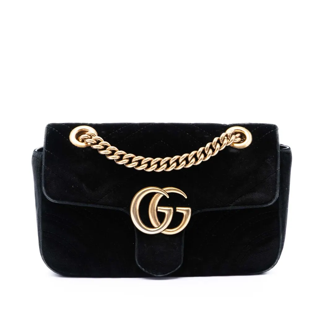 Gucci Small GG Marmont Matelasse Velvet Shoulder Bag Black Very good - Front View