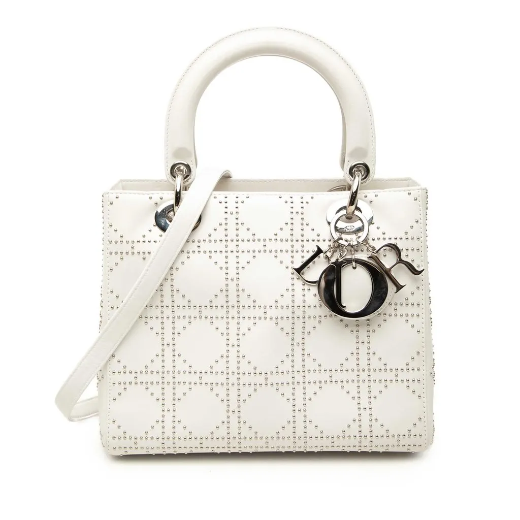 Dior Medium Calfskin Studded Lady Dior White Leather Very good - Front View