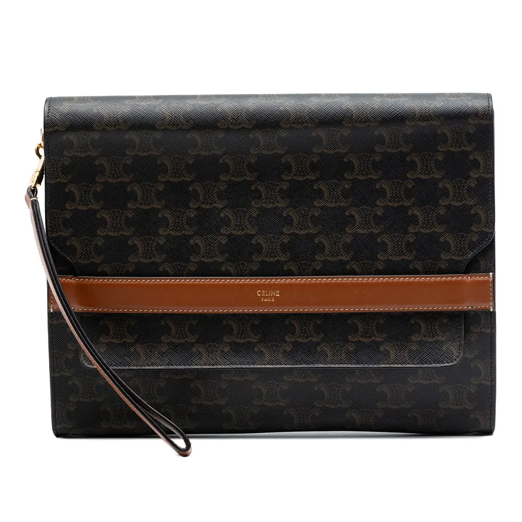 Celine Triomphe Coated Canvas Wristlet Flap Pouch Brown Very good - Front View